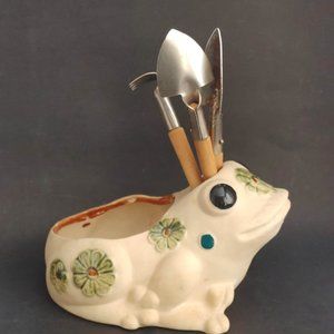 Vintage Pottery Frog Planter Garden Indoor w/ Garden Tools Opryland Taiwan